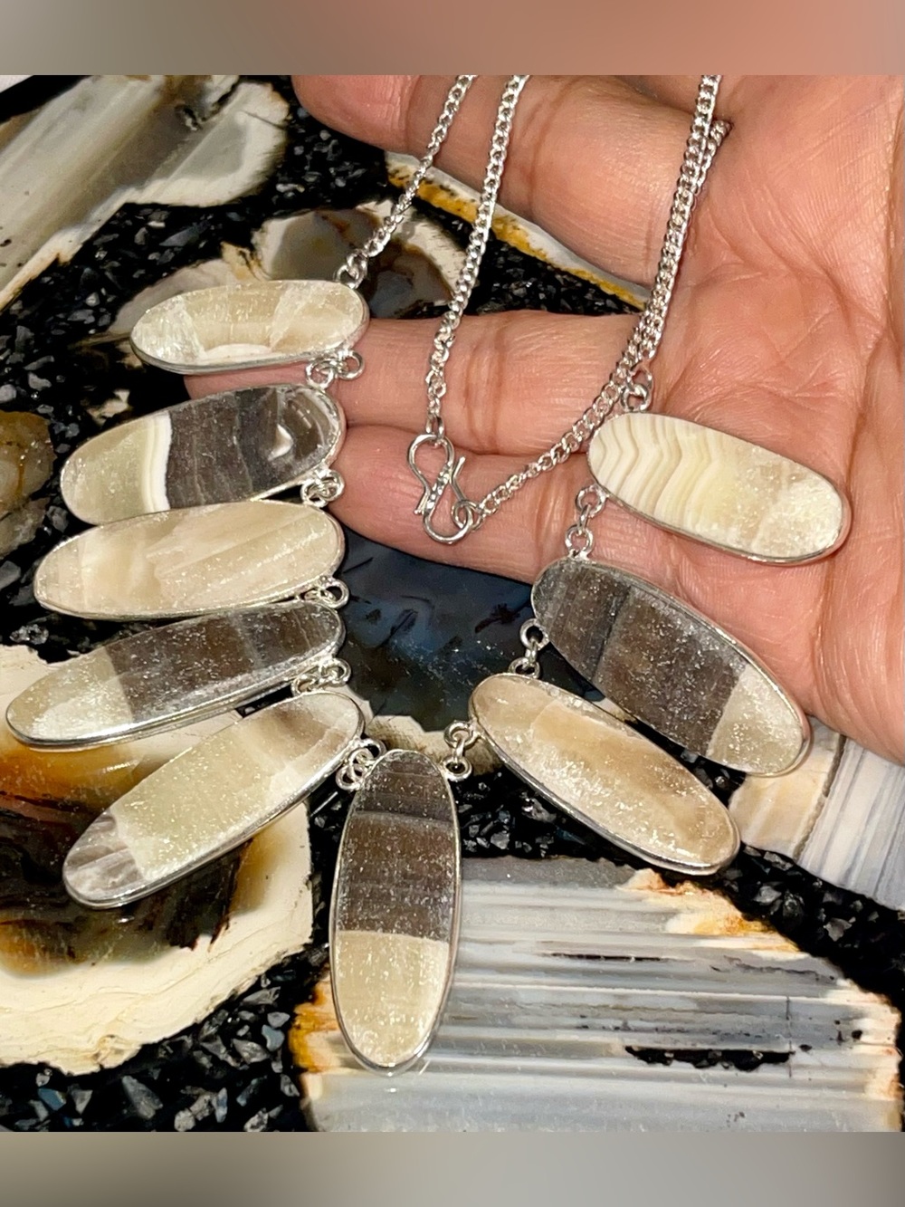 Elongated Oval Stones of Zebra Calcite Crystal Necklace